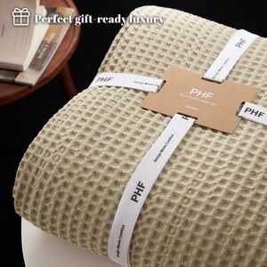 PHF Waffle Weave Blanket‎ Queen 90x90 Khaki Ultra Soft Breathable Cotton Bedding